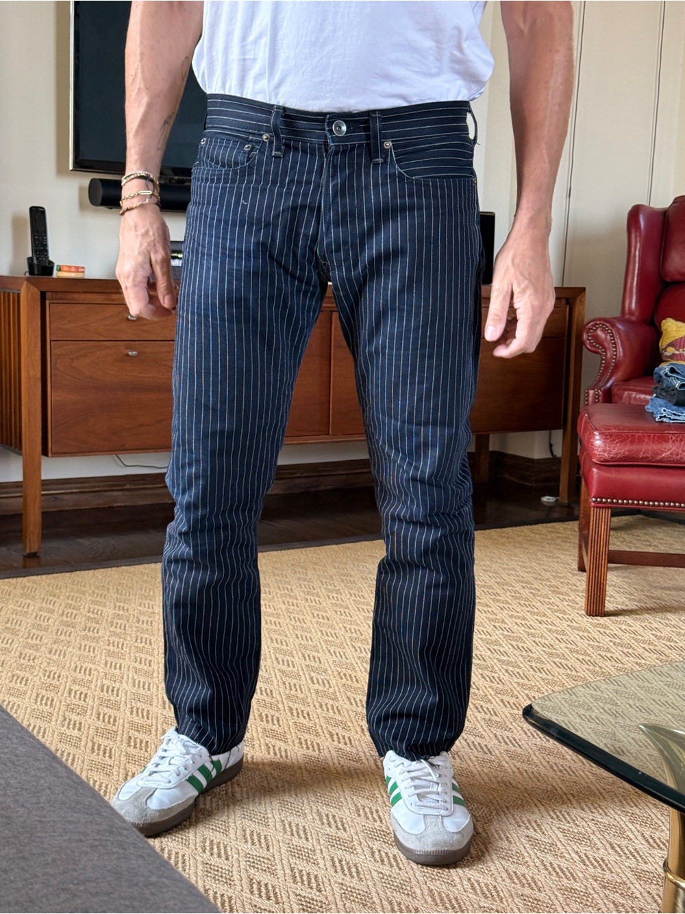Shaeffer’s 101 Japanese denim 2017 Slim Straight Navy Pinstripe Jeans